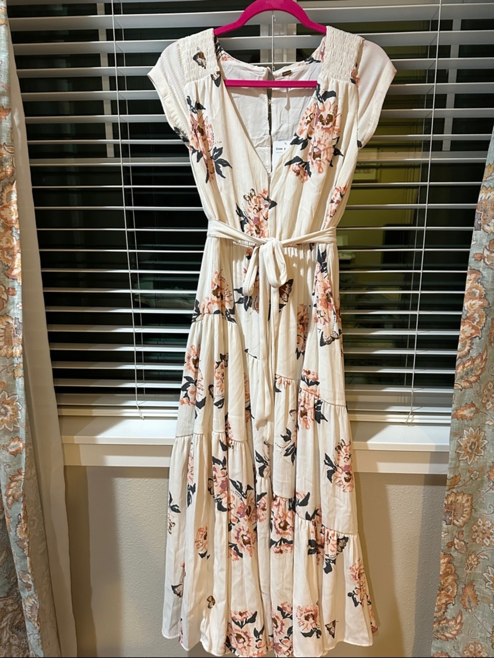 Floral V-Neck Cream Maxi Dress with Tie Waist